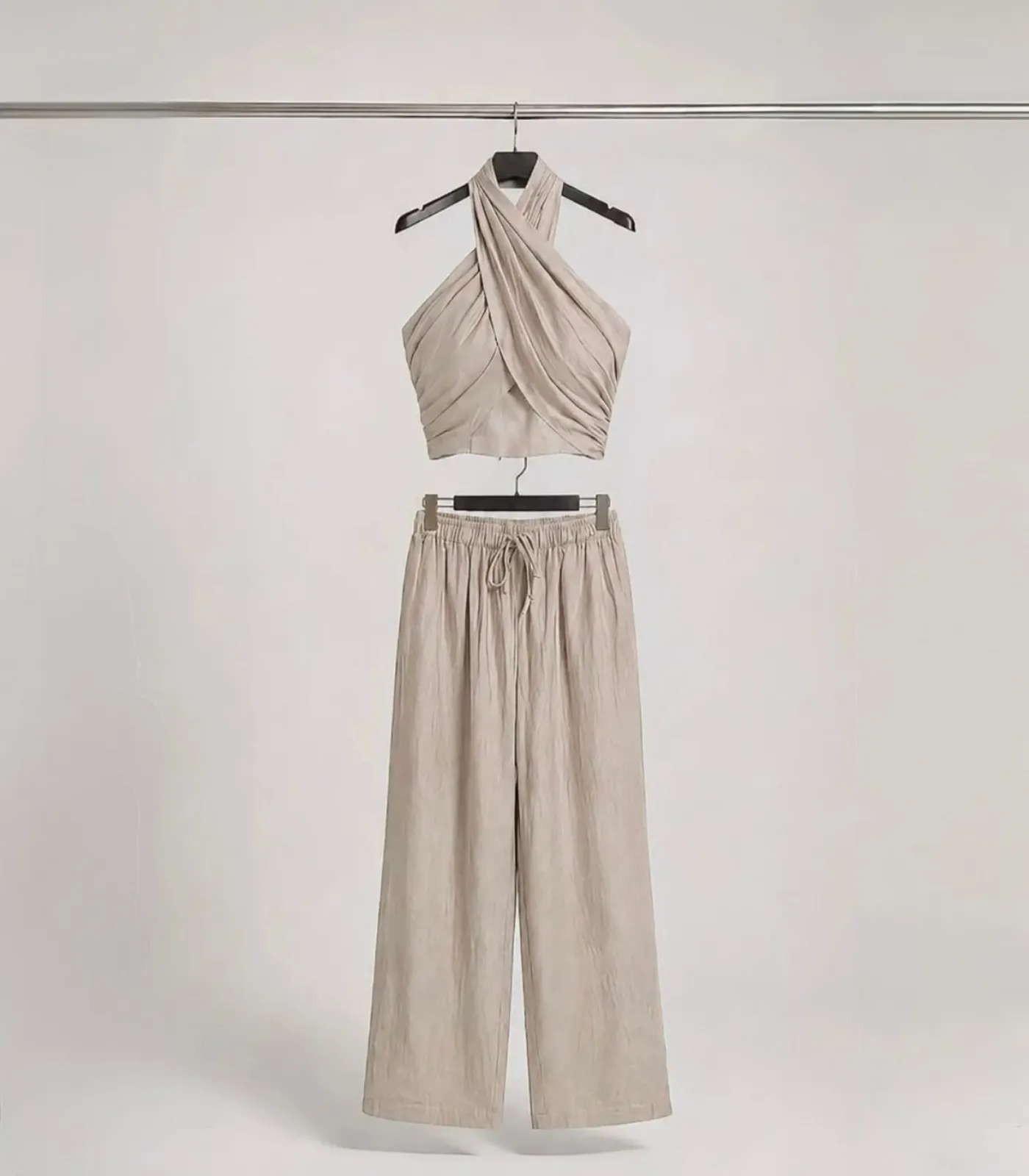 tensel denim halter yaka bej takım 1 Tensel Denim Halter Yaka Takım - Görsel 1