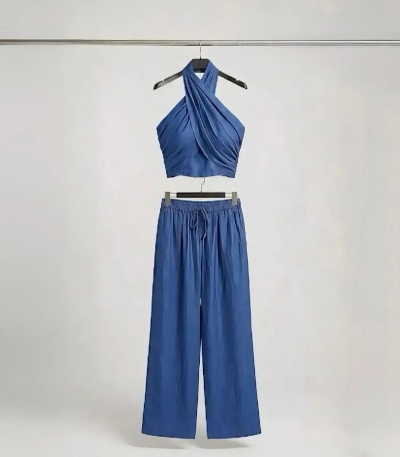 tensel denim halter yaka mavi takım 1 Tensel Denim Halter Yaka Takım - Görsel 1